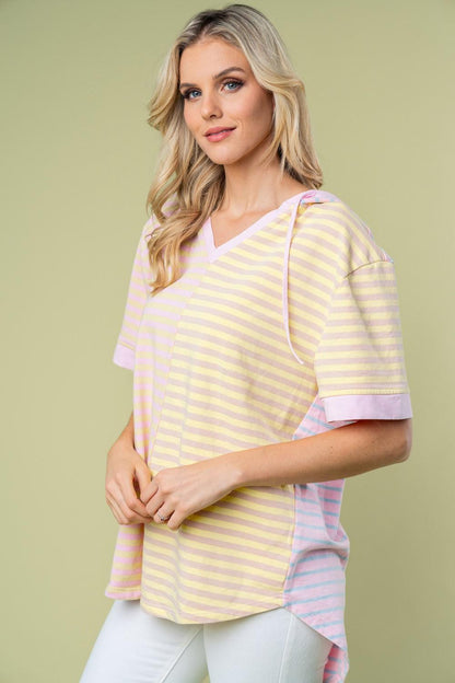 White Birch Full Size Striped Short Sleeve Drawstring Hooded Top Carauana Store