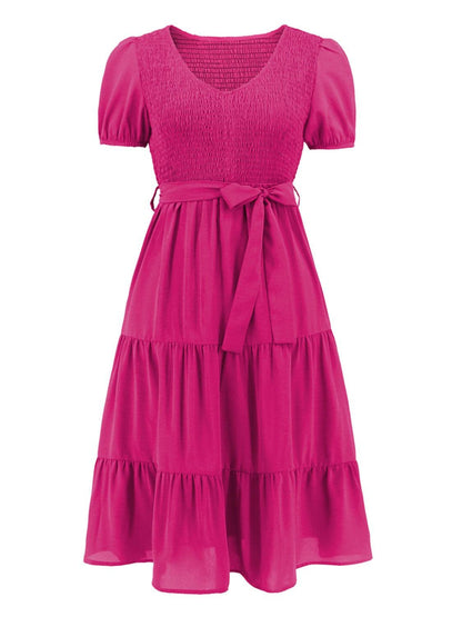 Smocked Tie Front Short Sleeve Tiered Dress Carauana Store