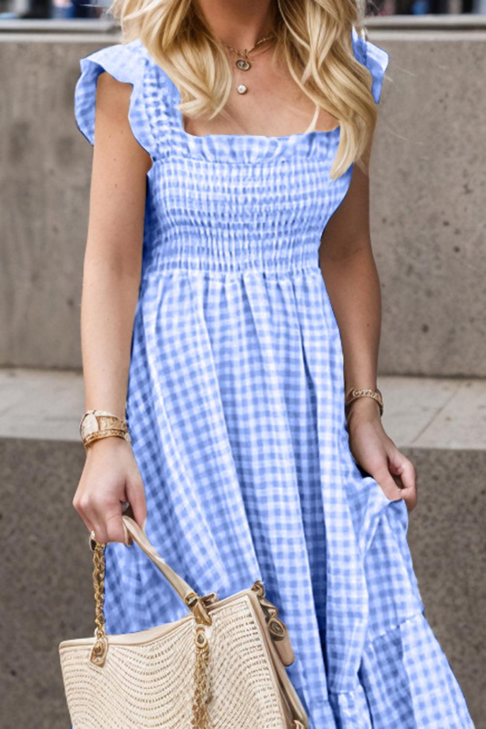 Full Size Smocked Ruffled Plaid Ruffle Hem Dress Carauana Store