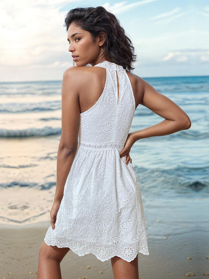 Eyelet Grecian Neck Mini Dress Carauana Store