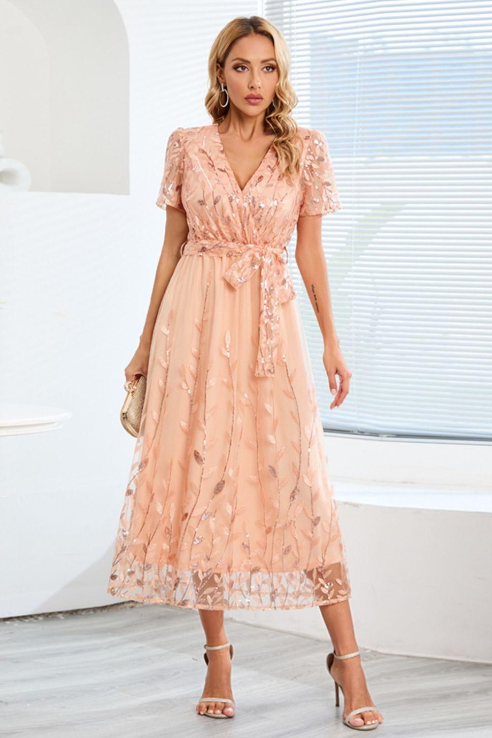 Sequin Leaf Embroidery Tie Front Short Sleeve Dress Carauana Store