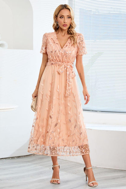 Sequin Leaf Embroidery Tie Front Short Sleeve Dress Carauana Store