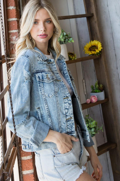 Veveret Distressed Button Up Denim Jacket Carauana Store
