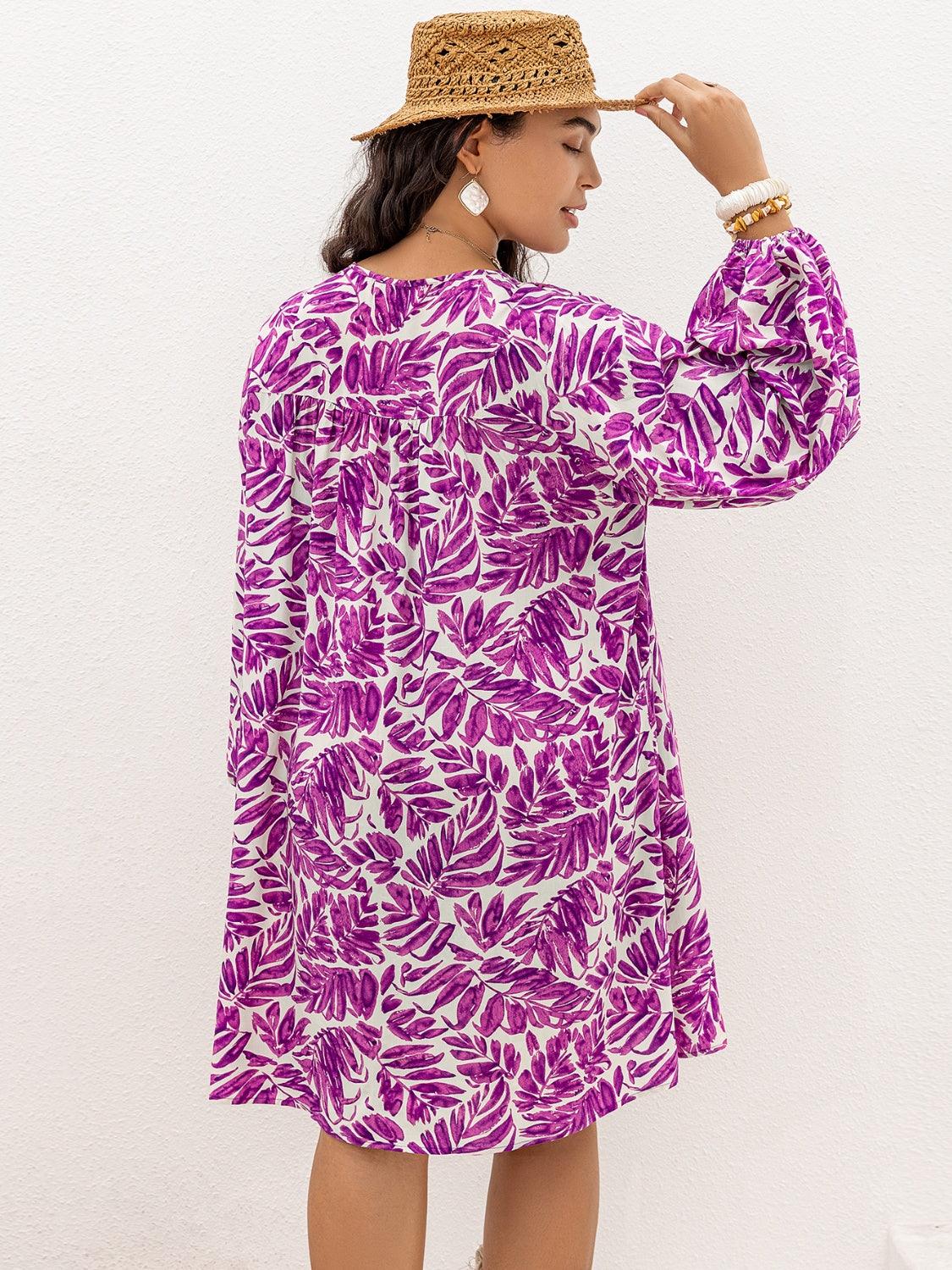 Plus Size Printed V-Neck Balloon Sleeve Mini Dress Carauana Store