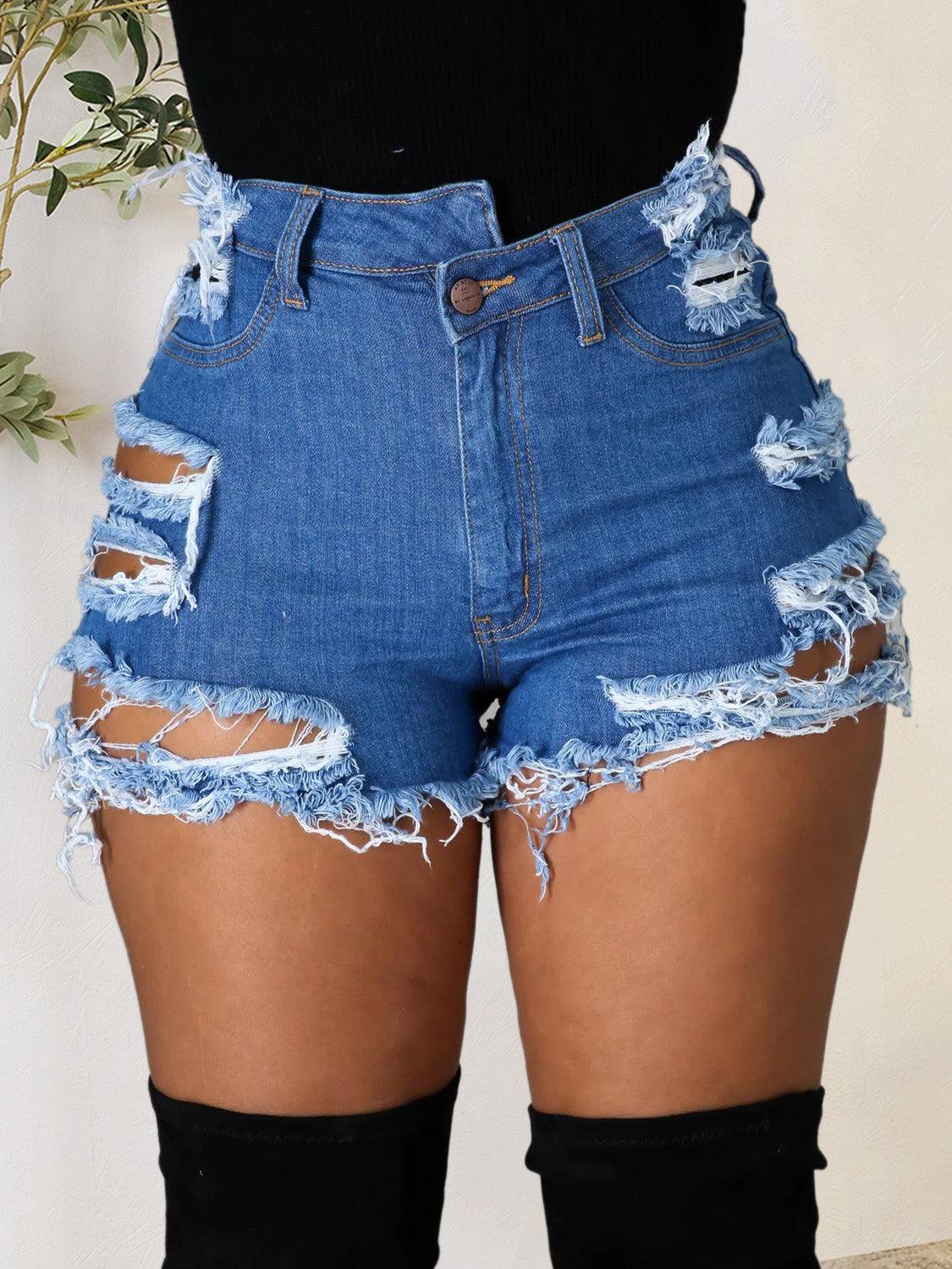 Distressed Raw Hem Denim Shorts with Pockets Carauana Store