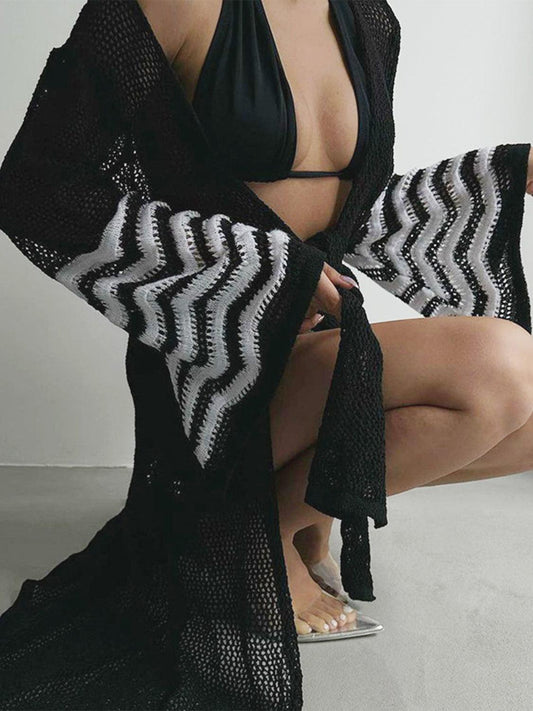 Openwork Striped Flare Sleeve Cover-Up Carauana Store