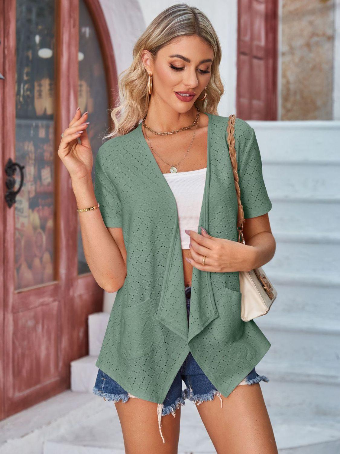 Eyelet Open Front Short Sleeve Cover Up Carauana Store