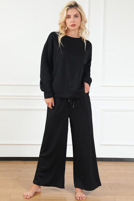 Double Take Full Size Textured Long Sleeve Top and Drawstring Pants Set Carauana Store