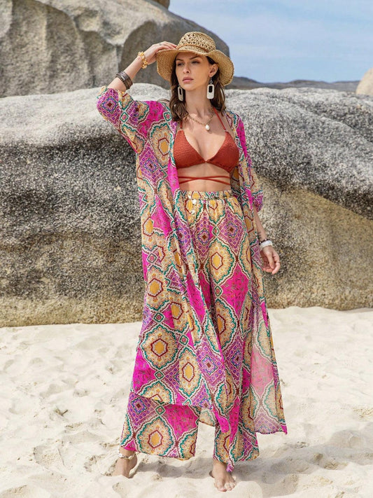 Printed Open Front Cardigan and Pants Set Carauana Store