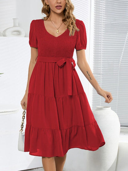 Smocked Tie Front Short Sleeve Tiered Dress Carauana Store