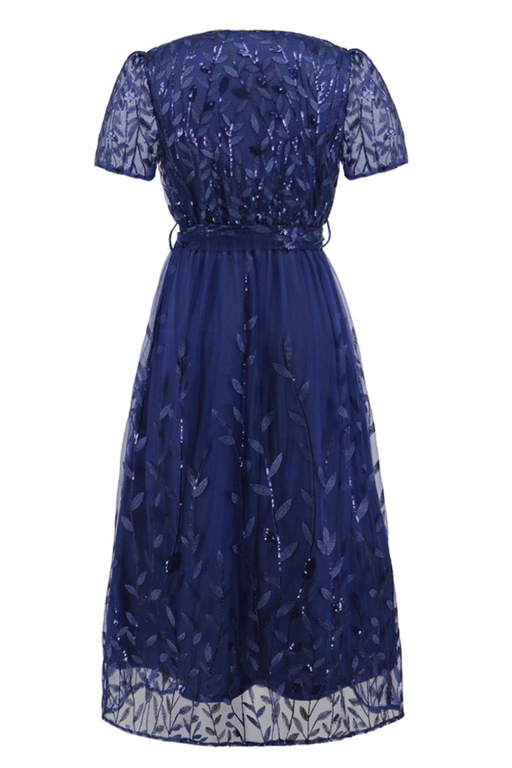 Sequin Leaf Embroidery Tie Front Short Sleeve Dress Carauana Store