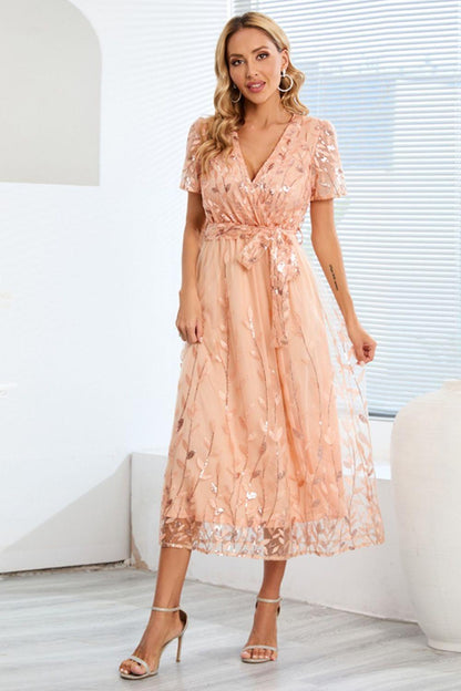 Sequin Leaf Embroidery Tie Front Short Sleeve Dress Carauana Store