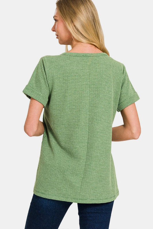 Zenana Waffle Notched Short Sleeve T-Shirt Carauana Store
