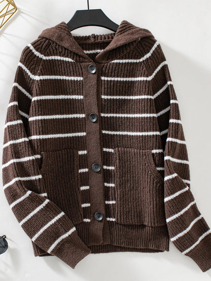 Striped Button Up Long Sleeve Hooded Cardigan Carauana Store