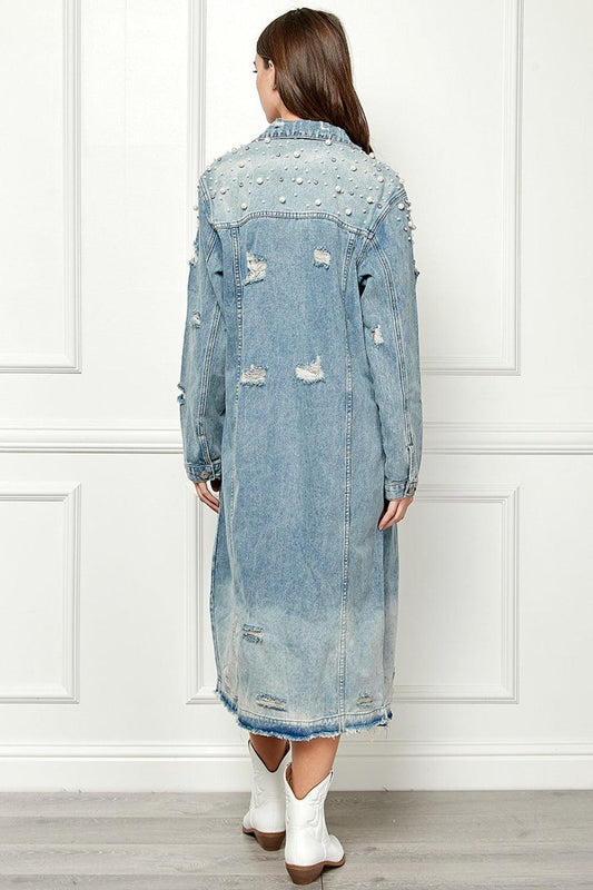 Veveret Full Size Distressed Raw Hem Pearl Detail Button Up Jacket Carauana Store