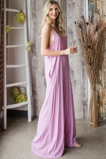 Veveret Pocketed Spaghetti Strap V-Neck Wide Leg Jumpsuit Carauana Store