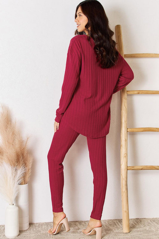 Basic Bae Full Size Ribbed Round Neck High-Low Slit Top and Pants Set Carauana Store