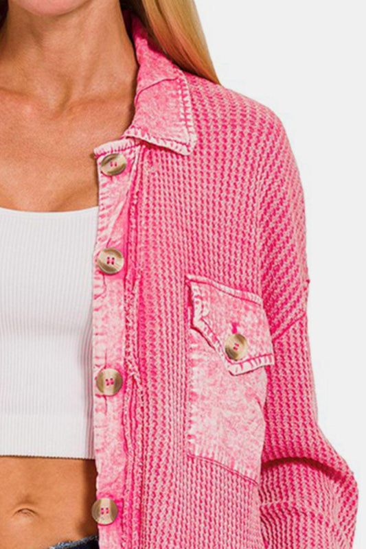 Zenana Waffle-Knit Button Up Dropped Shoulder Jacket Carauana Store