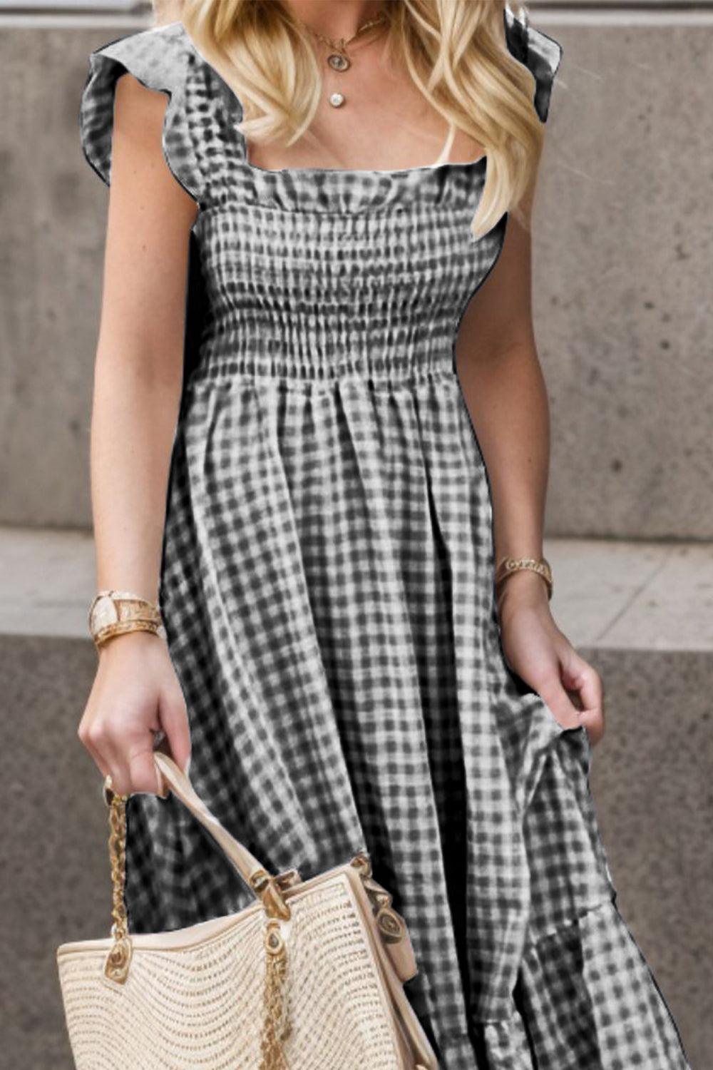 Full Size Smocked Ruffled Plaid Ruffle Hem Dress Carauana Store