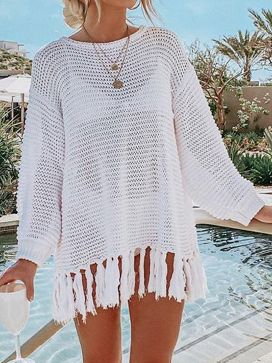 Double Take Openwork Tassel Hem Long Sleeve Knit Cover Up Carauana Store