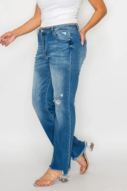 bytos Full Size Raw Hem Distressed Mid Rise Straight Jeans Carauana Store