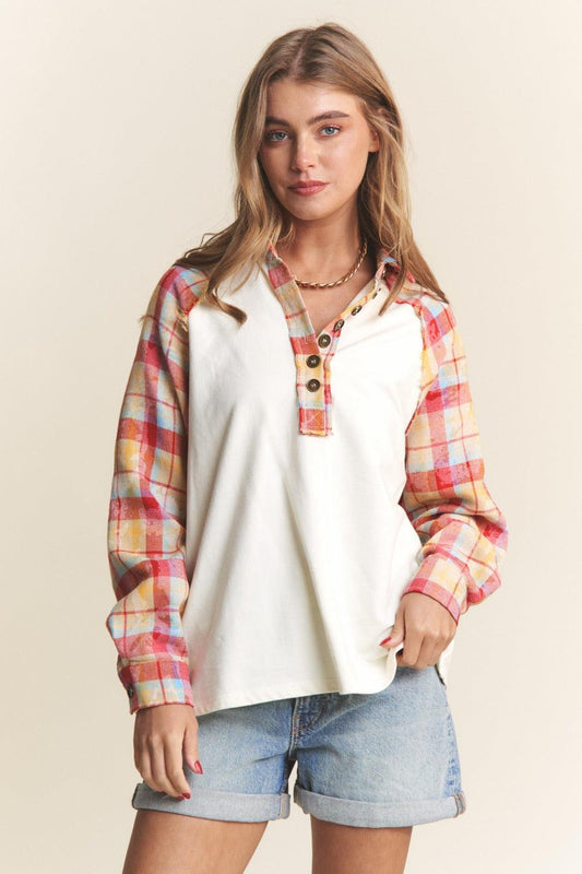J.NNA Plaid Contrast Button Down Henley Top Carauana Store