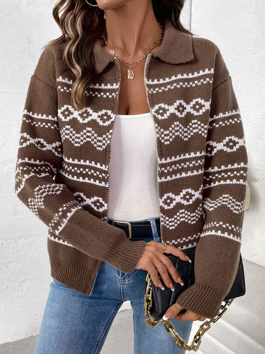 Perfee Geometric Zip Up Collared Neck Long Sleeve Cardigan Carauana Store