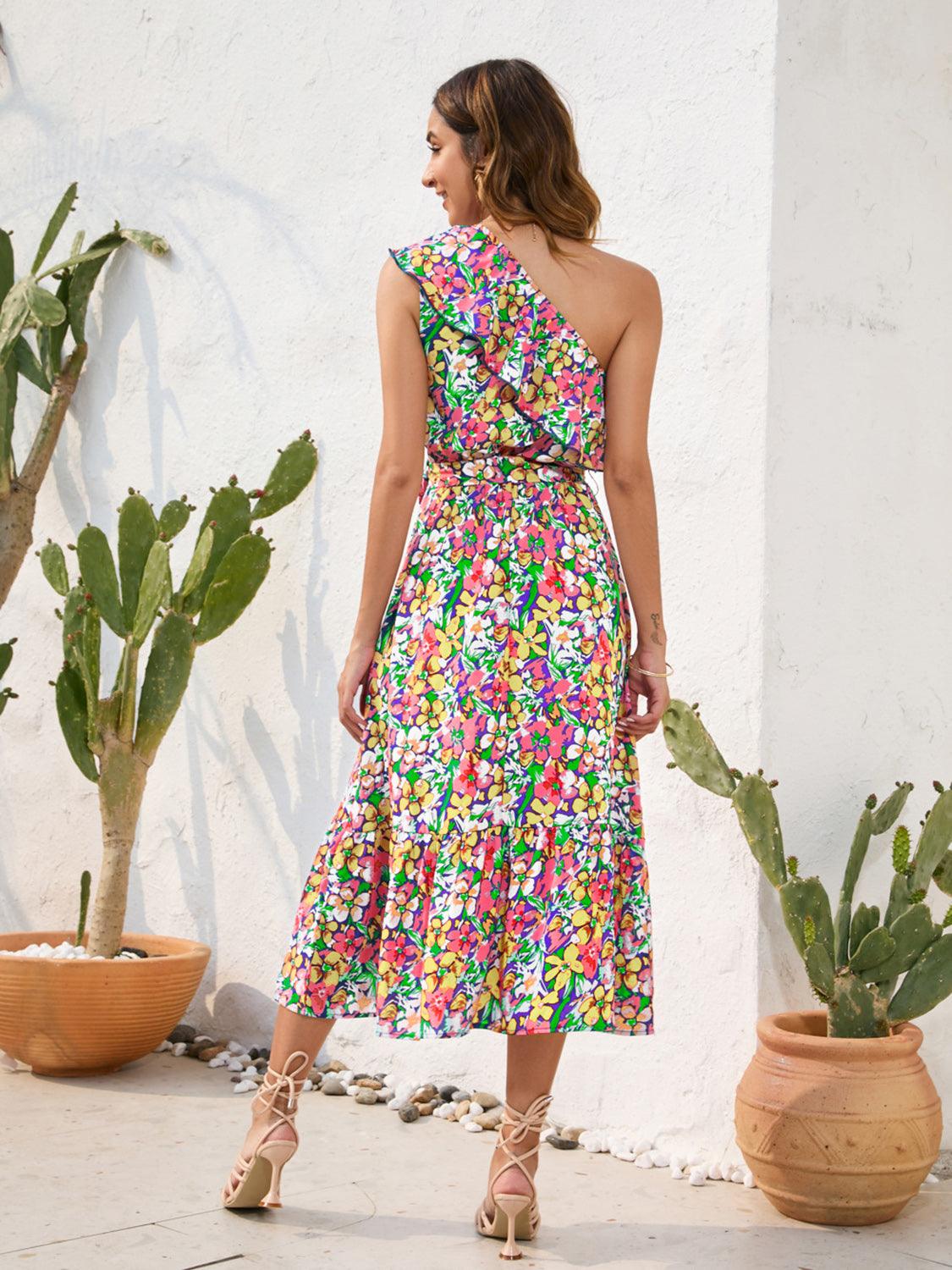 Ruffled Printed One Shoulder Midi Dress Carauana Store