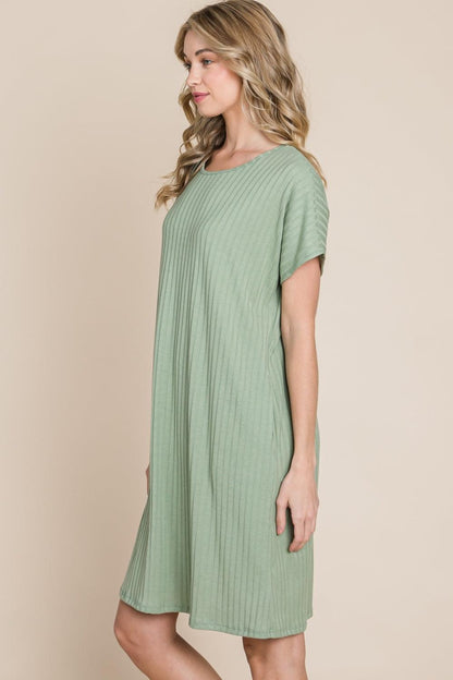 BOMBOM Ribbed Round Neck Short Sleeve Dress Carauana Store