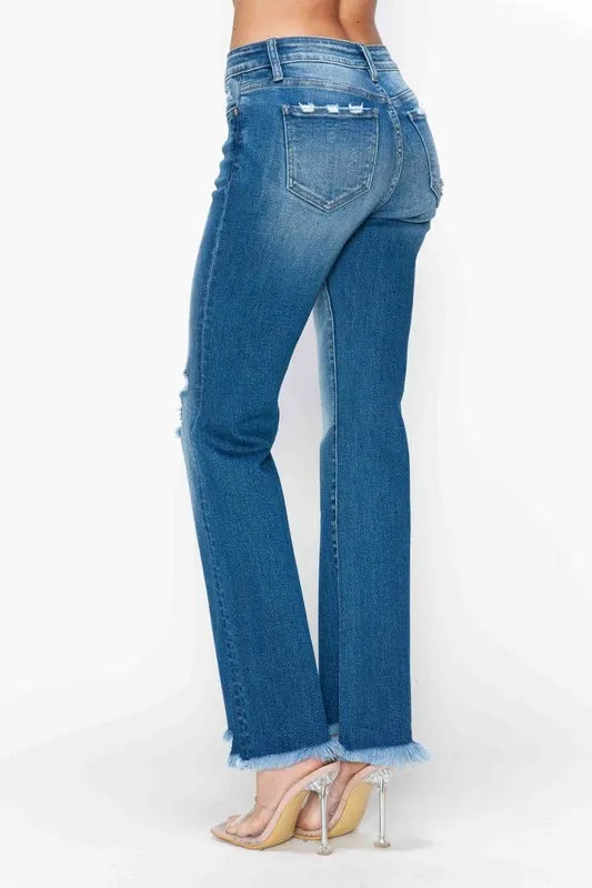 bytos Full Size Raw Hem Distressed Mid Rise Straight Jeans Carauana Store