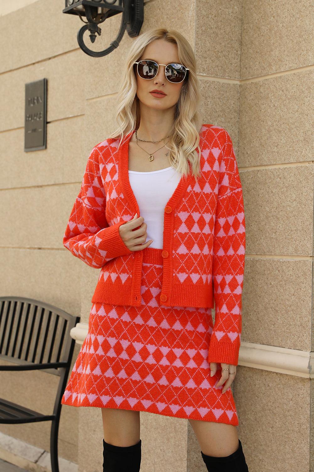 Geometric Button Front Cardigan and Skirt Set Carauana Store
