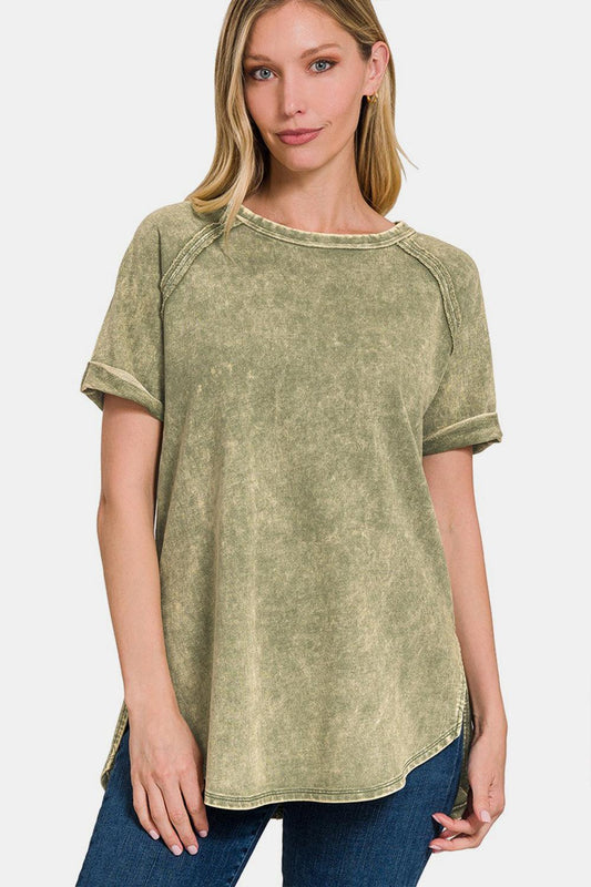 Zenana Heathered Round Neck Short Sleeve Blouse Carauana Store
