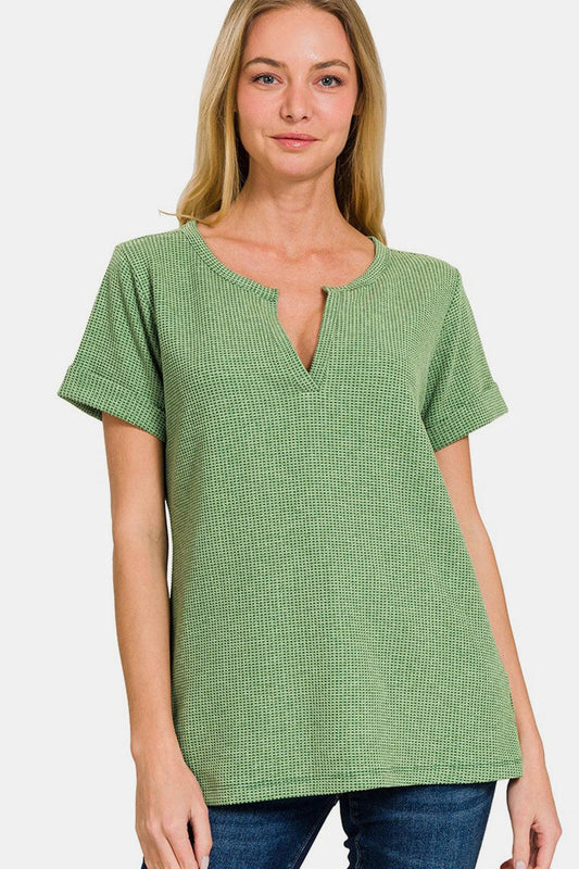 Zenana Waffle Notched Short Sleeve T-Shirt Carauana Store