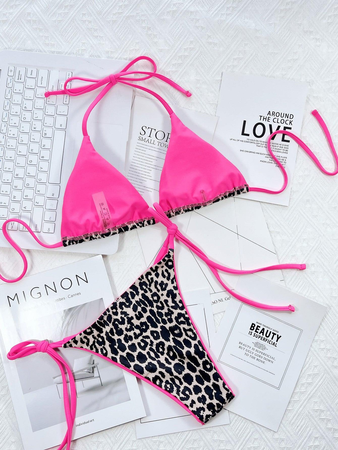 Leopard Print Halter Neck Tie Side Bikini Set Carauana Store