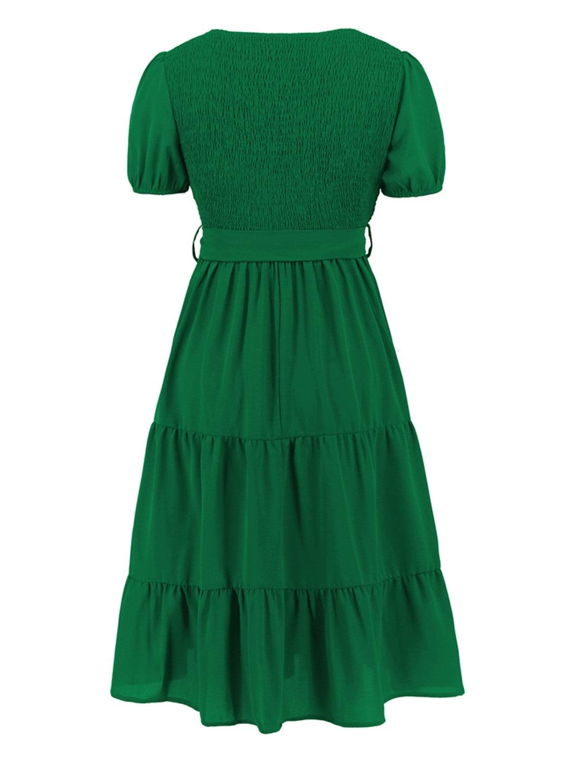 Smocked Tie Front Short Sleeve Tiered Dress Carauana Store