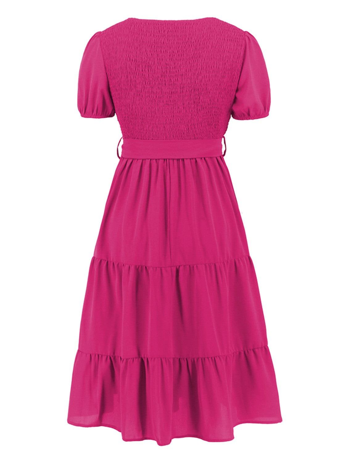Smocked Tie Front Short Sleeve Tiered Dress Carauana Store