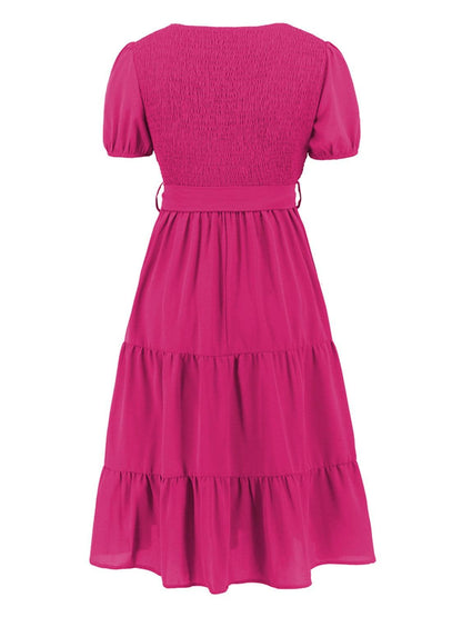 Smocked Tie Front Short Sleeve Tiered Dress Carauana Store