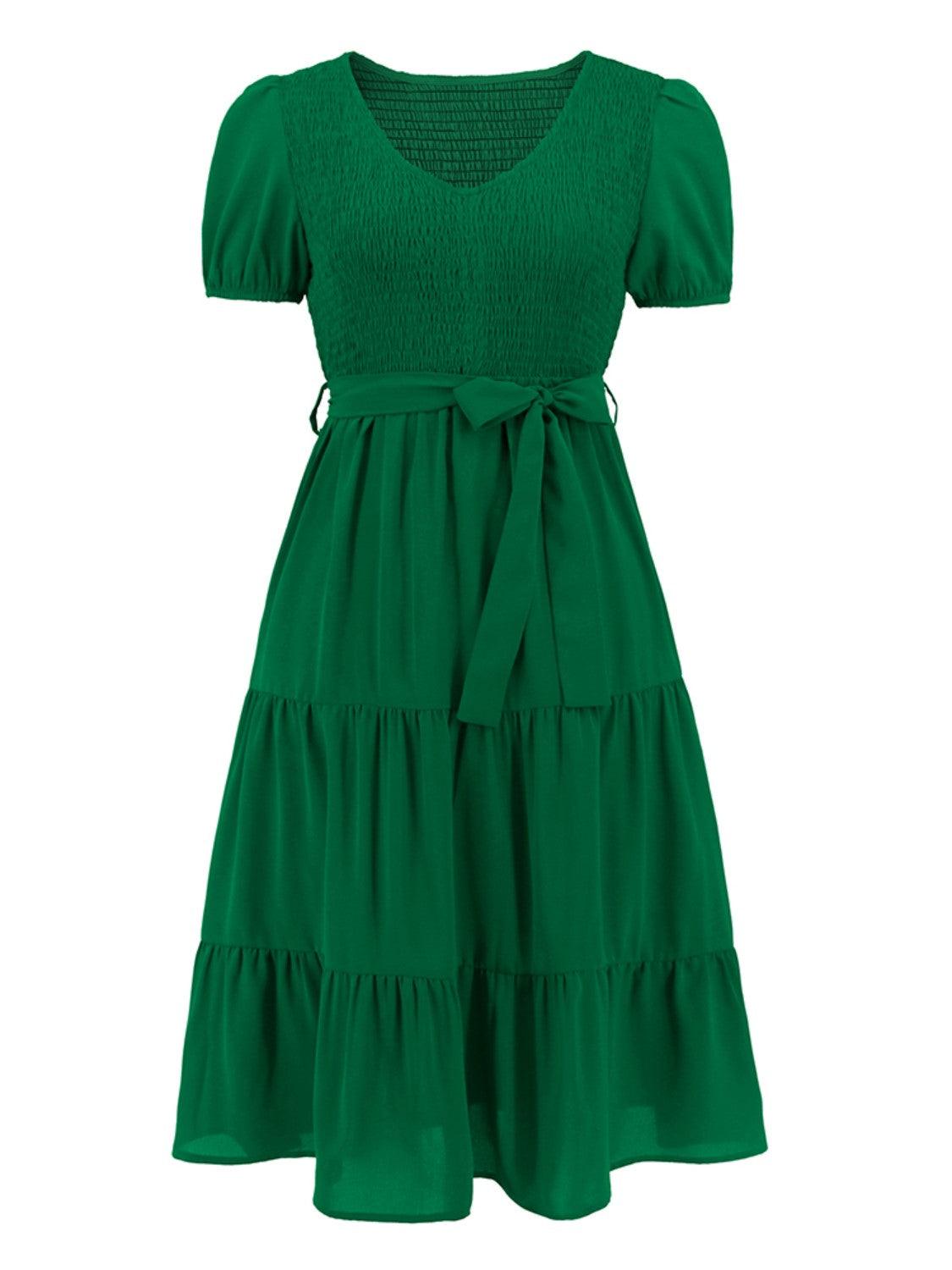 Smocked Tie Front Short Sleeve Tiered Dress Carauana Store