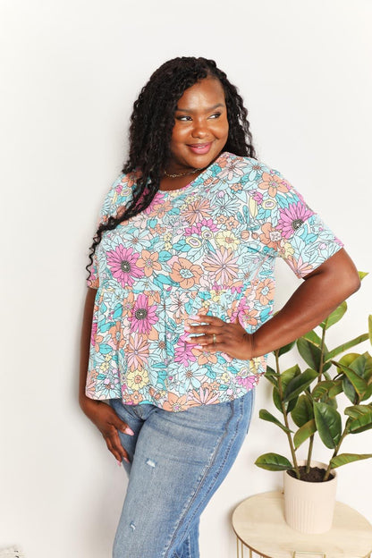 Double Take Floral Round Neck Babydoll Top Carauana Store