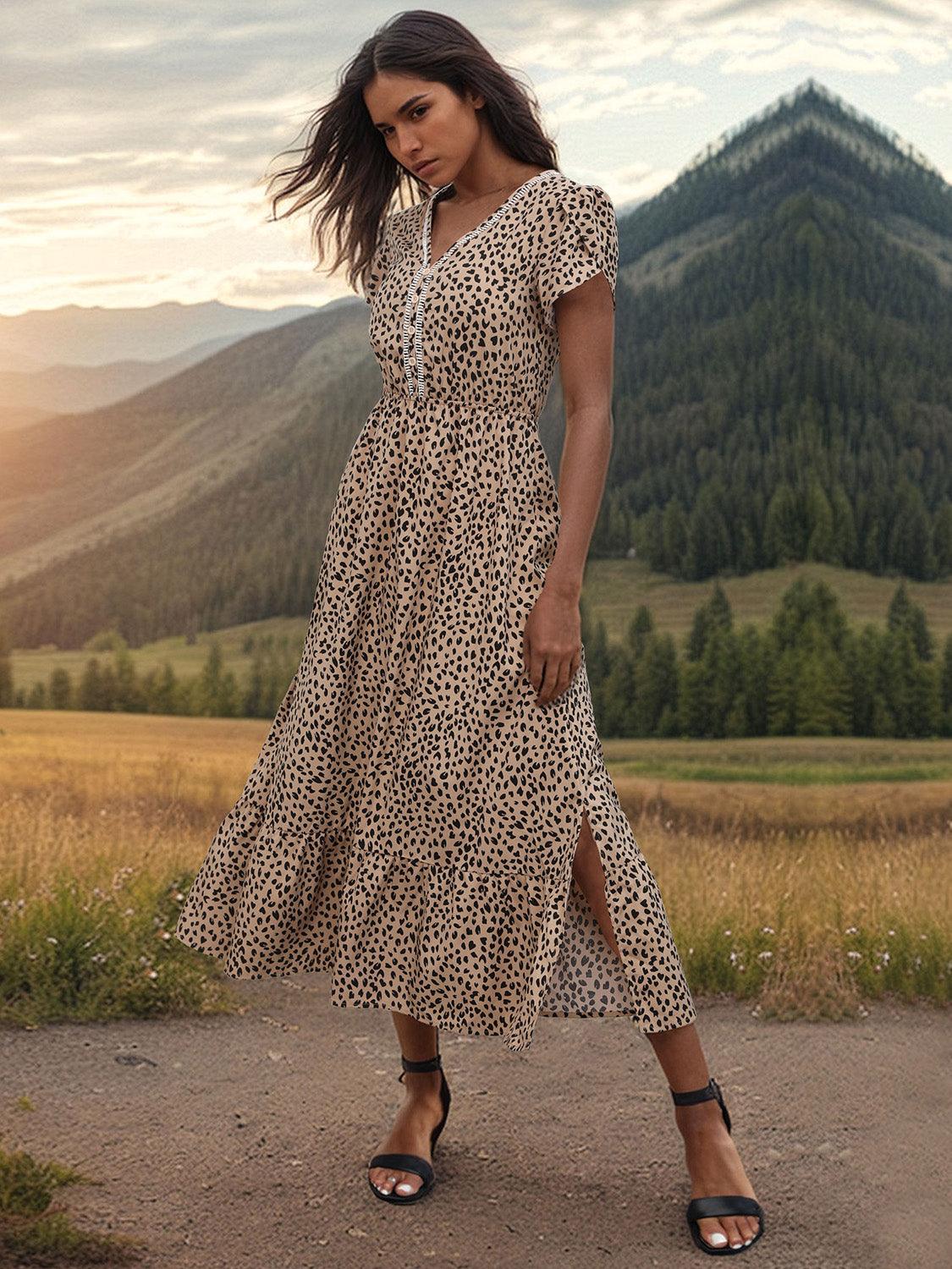Slit Printed V-Neck Short Sleeve Dress Carauana Store