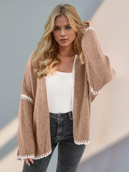 Double Take Contrast Open Front Dropped Shoulder Cardigan Carauana Store