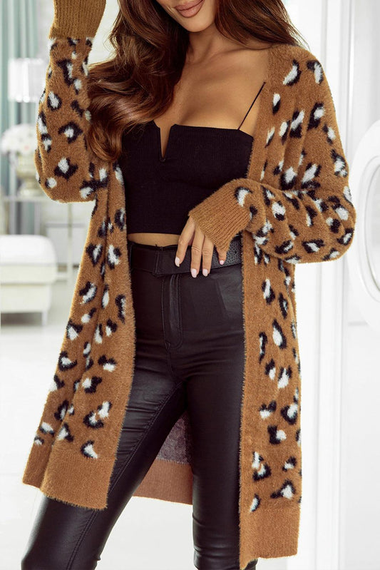 Full Size Leopard Open Front Long Sleeve Cardigan Carauana Store