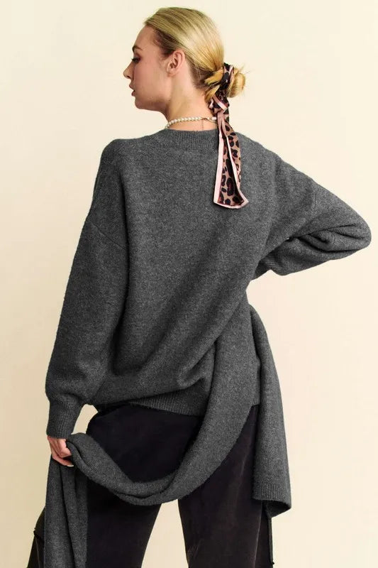 Davi & Dani V-Neck Dropped Shoulder Sweater with Scarf Set Carauana Store