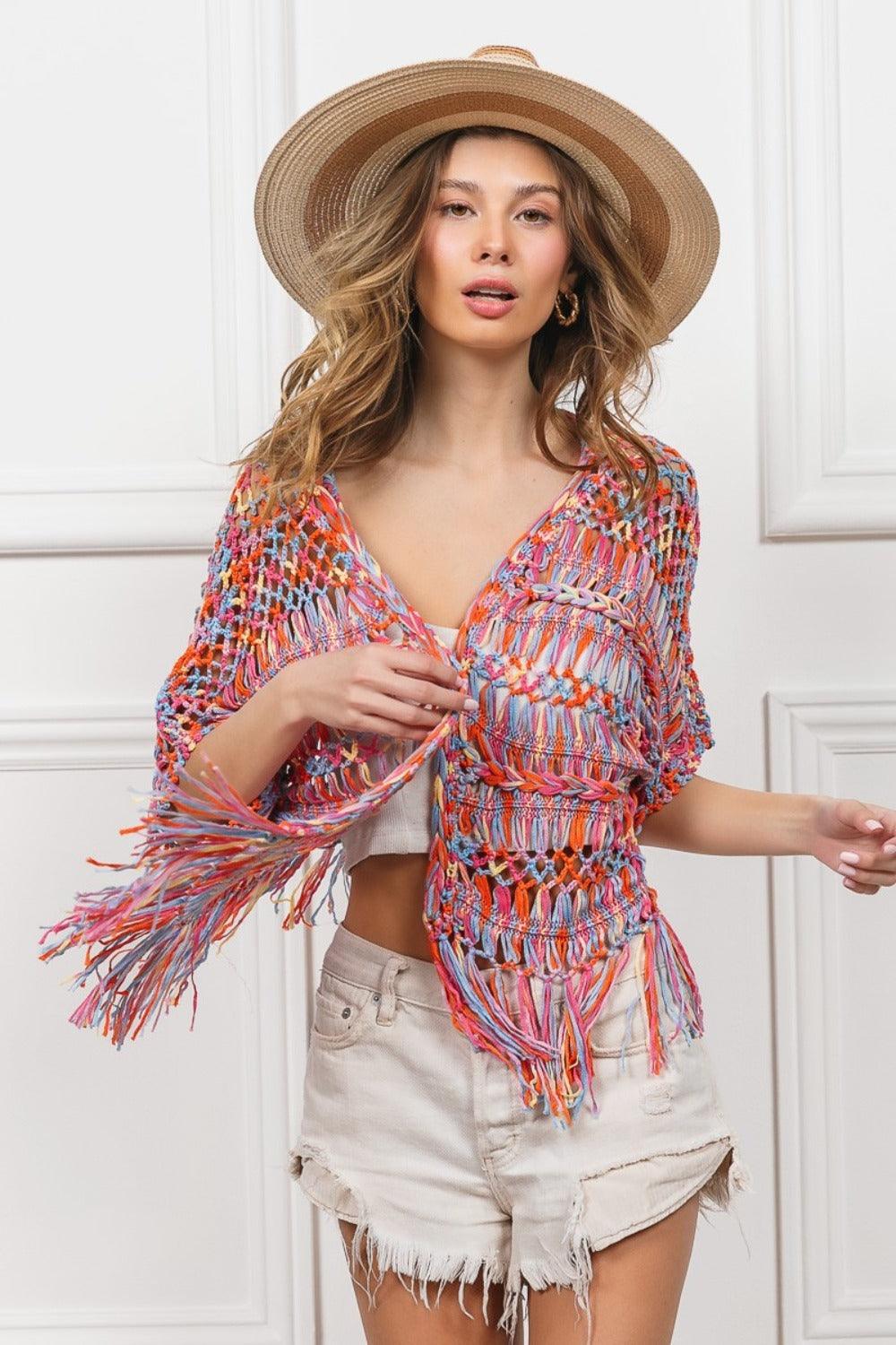 BiBi Open Front Fringed Crop Knit Cardigan Carauana Store