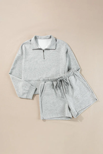 Half Zip Long Sleeve Top and Drawstring Shorts Set Carauana Store