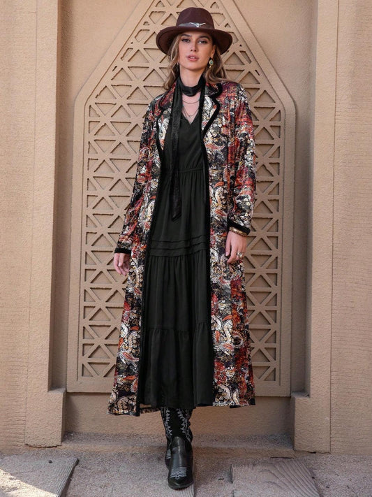 Printed Open Front Long Sleeve Outerwear Carauana Store