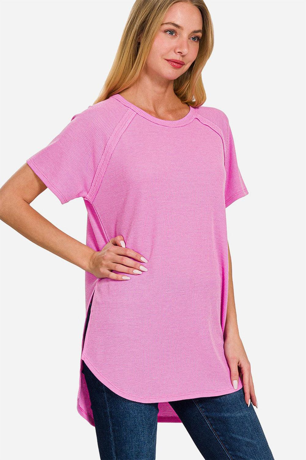 Zenana Slit Round Neck Short Sleeve Waffle Top Carauana Store