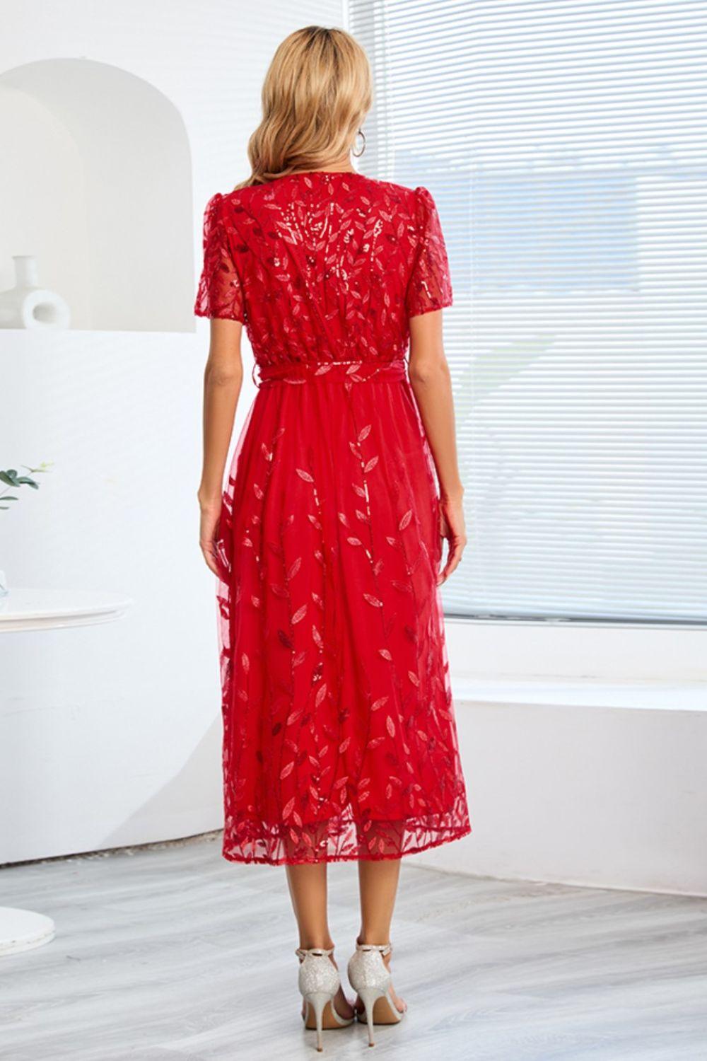 Sequin Leaf Embroidery Tie Front Short Sleeve Dress Carauana Store