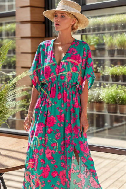 Printed V-Neck Midi Slit Dress Carauana Store