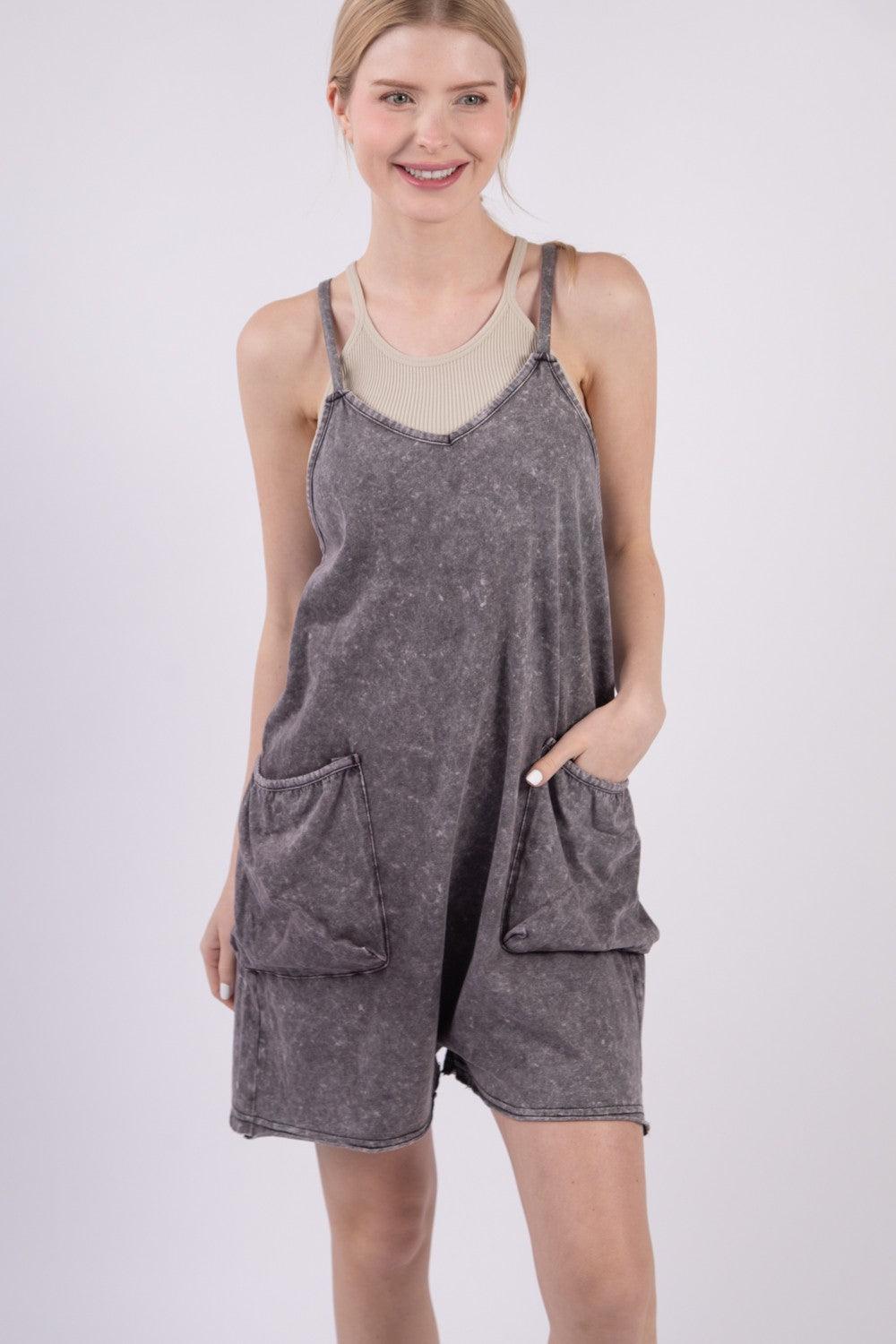 VERY J V-Neck Sleeveless Washed Romper Carauana Store